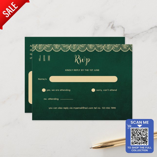 Green Gold Lace Wedding RSVP For Matching Inv Postcard (Creator Uploaded)