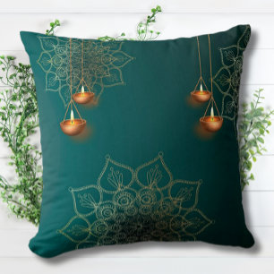 Green Gold Lamps Mandala Pattern Elegant Bohemian  Cushion