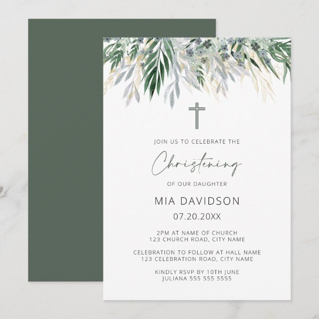 Green & Gold Leaves Christening Invitation (Front/Back)