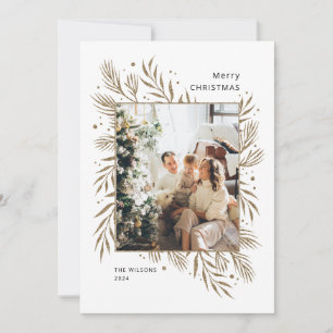Green Gold Leaves Family Photo Frame Christmas Holiday Card