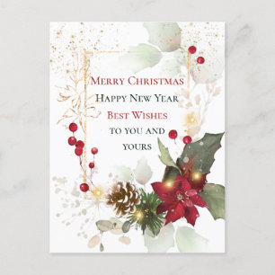 Green Gold Leaves Red Berry Poinsettia Christmas Postcard