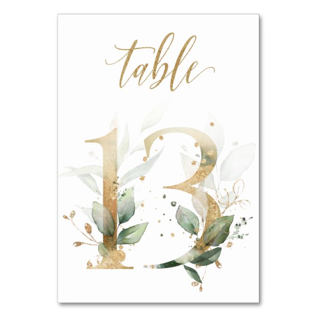 Green Gold Leaves Table 13, Table Number (Front)