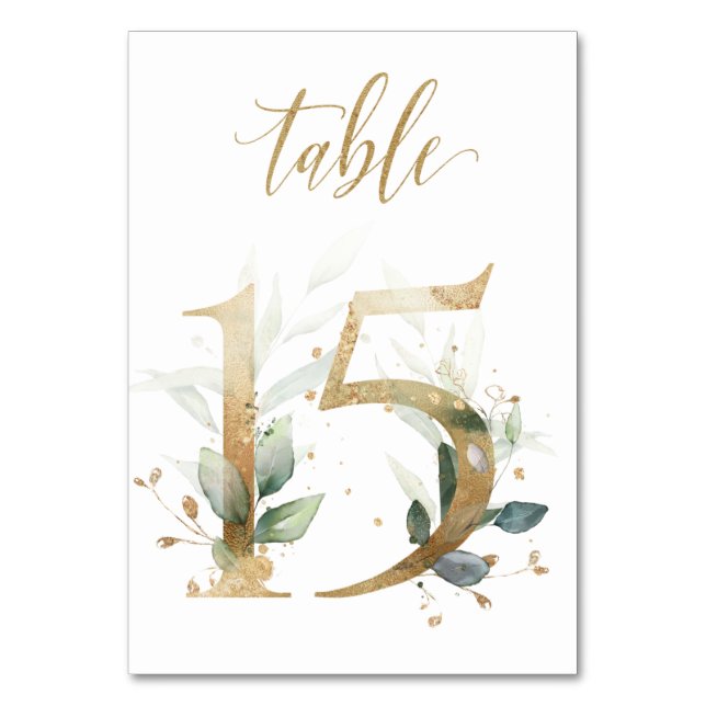 Green Gold Leaves Table 15, Table Number (Front)