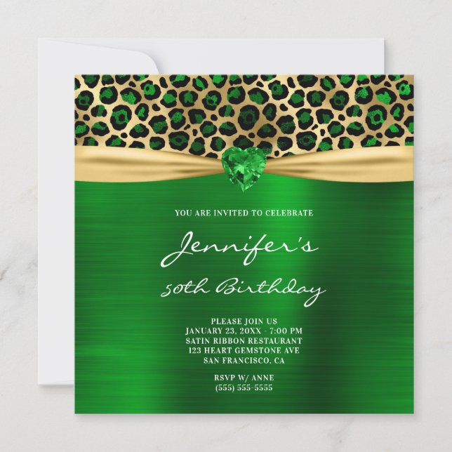 Green Gold Leopard Foil Gem Heart 50th Birthday Invitation (Front)
