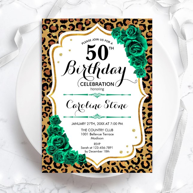Green Gold Leopard Print 50th Birthday Invitation (Creator Uploaded)