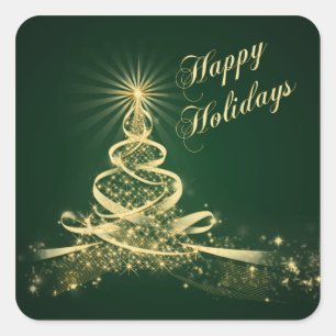 Green, Gold  Lighted Tree Happy Holidays Sticker