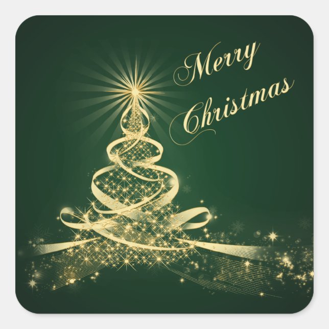 Green, Gold  Lighted Tree Merry Christmas Sticker (Front)