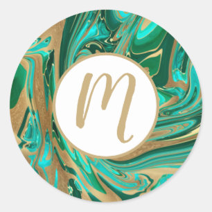 Green & Gold Liquid Marble Classic Round Sticker