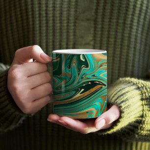 Green & Gold Liquid Marble Coffee Mug