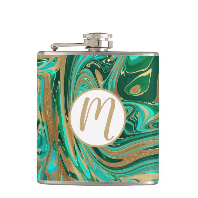 Green & Gold Liquid Marble Hip Flask (Front)