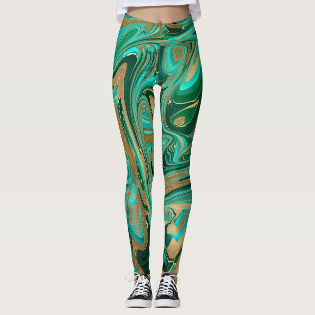 Green & Gold Liquid Marble Leggings (Front)