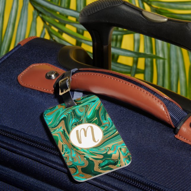 Green & Gold Liquid Marble Luggage Tag (Front Insitu 1)