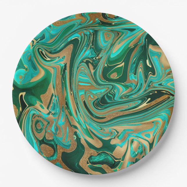 Green & Gold Liquid Marble Paper Plate (Front)