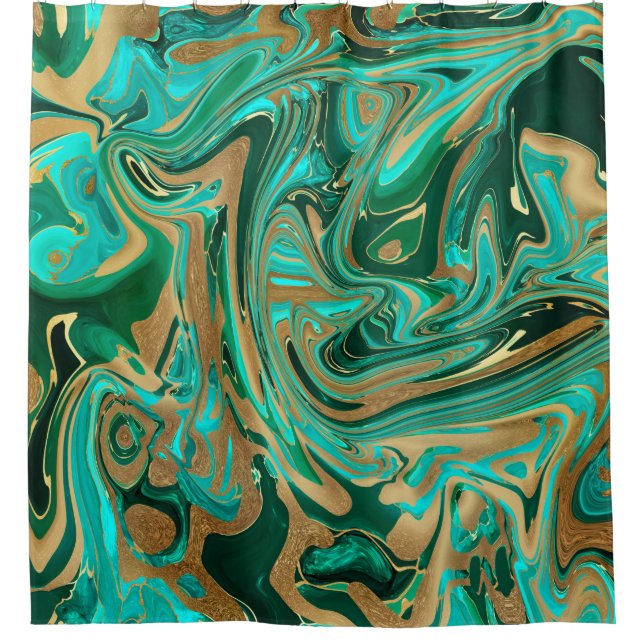 Green & Gold Liquid Marble Shower Curtain (Front)