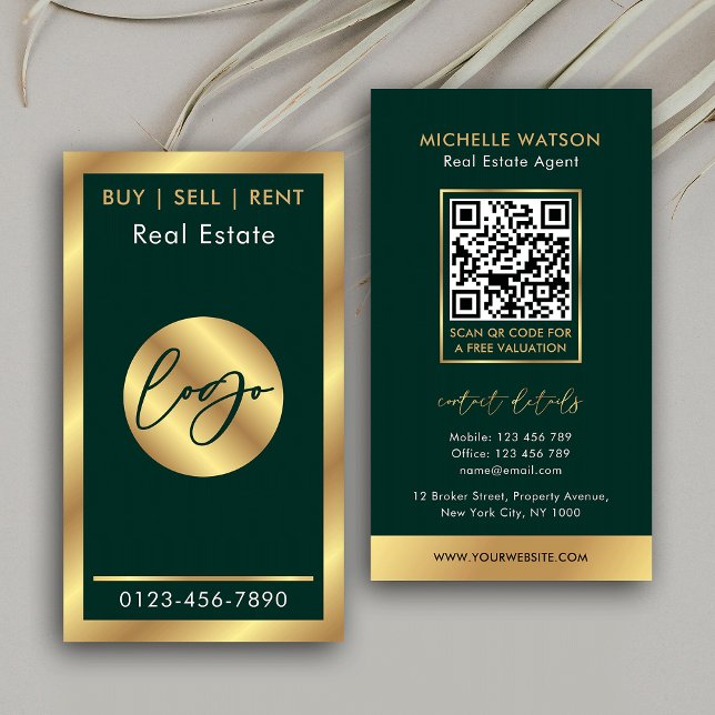 Green & Gold Logo Chic Notary Real Estate QR Code Business Card (Emerald green and faux gold QR code business cards for realtors and sales agents)
