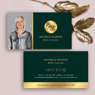 Green & Gold Logo Elegant Real Estate Notary Photo Business Card