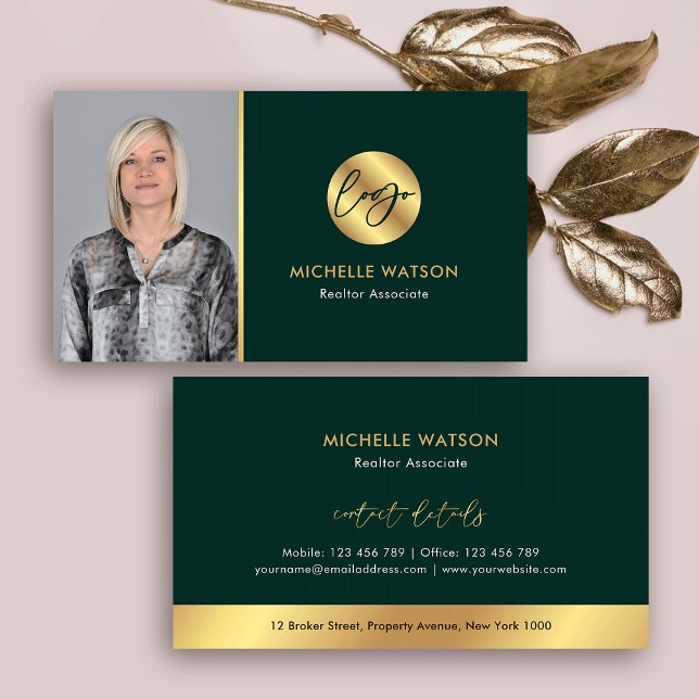 Green & Gold Logo Elegant Real Estate Notary Photo Business Card (Elegant emerald green and gold effect business cards with photo and your logo)