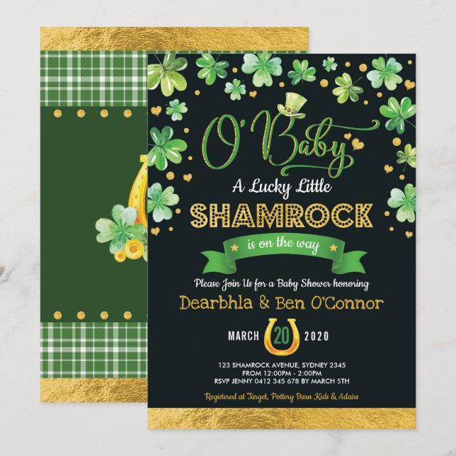 Green Gold Lucky Shamrock Baby Shower Chalkboard Invitation (Front/Back)