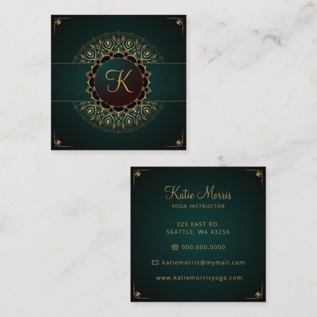 Green Gold Mandala Elegant Yoga Instructor Square  Business Card (Front/Back)