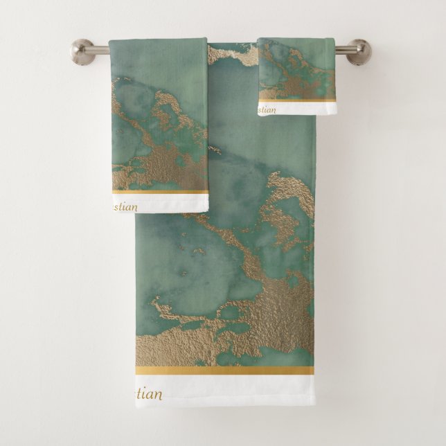 GREEN GOLD MARBLE ABSTRACT PERSONALISED TOWEL SET (Insitu)