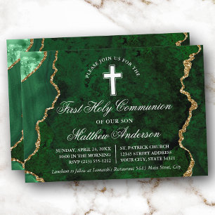 Green Gold Marble Agate Geode First Communion Invitation