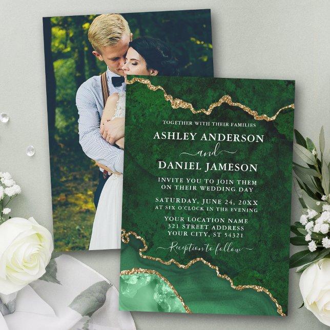 Green Gold Marble Agate Geode Photo Wedding Invitation (Customize to change text size or text style.)