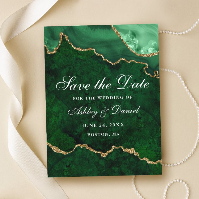 Green Gold Marble Agate Geode Save The Date Announ Announcement Postcard (Customize to change text size or text style.)