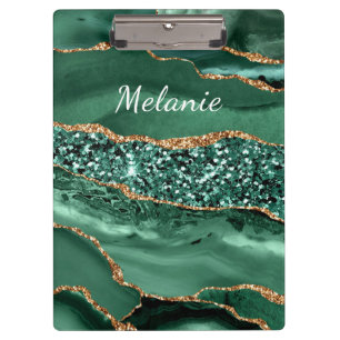 Green Gold Marble Clipboard with Custom Name
