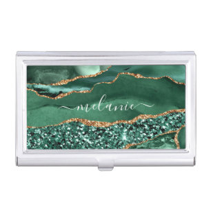 Green Gold Marble Custom Name Business Card Case