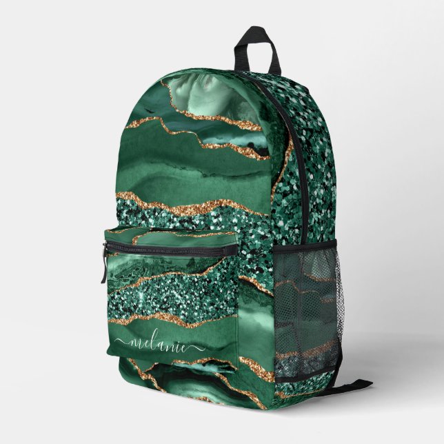 Green Gold Marble Custom Name Printed Backpack (Back Corner Right)
