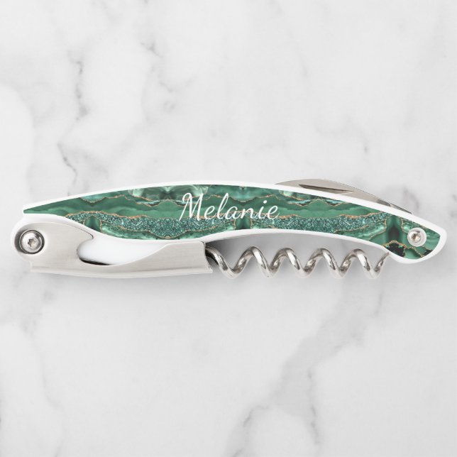 Green Gold Marble Custom Name Waiter's Corkscrew (Front)