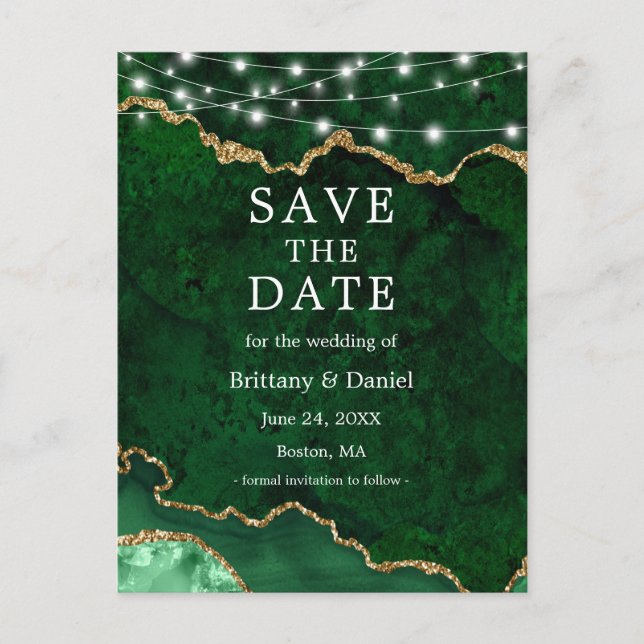 Green Gold Marble Geode Lights Save The Date Announcement Postcard (Front)