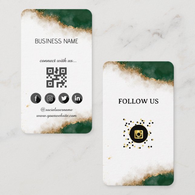 Green-Gold Marble- Social Media QR Code    Business Card (Front/Back)