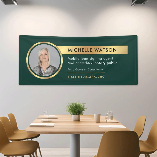 Green & Gold Marketing Corporate Business Photo Banner (Corporate emerald green & gold photo promotional fabric banner *mockup background is Ai generated)