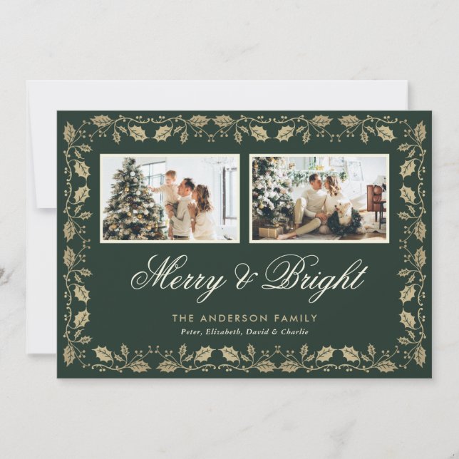 Green Gold Merry and Bright Family Photo Holiday Card (Front)