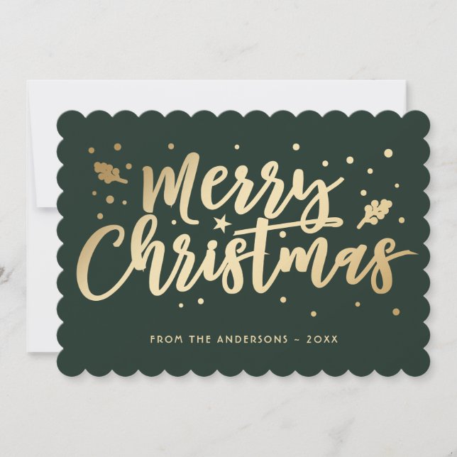 Green Gold Merry Christmas Calligraphy Holiday Card (Front)