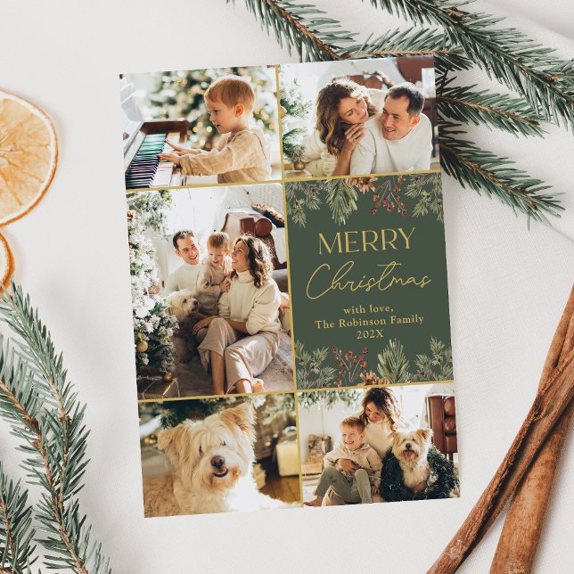 Green Gold Merry Christmas Family Photo Card (Creator Uploaded)