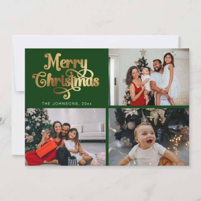 Green & Gold Merry Christmas Family Photo Collage Holiday Card (Front)