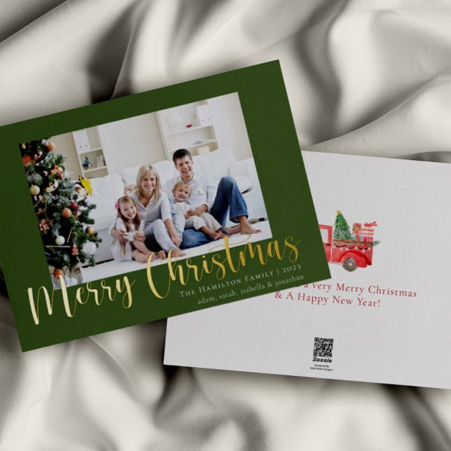 Green Gold Merry Christmas Family Photo Foil Holiday Card (Creator Uploaded)