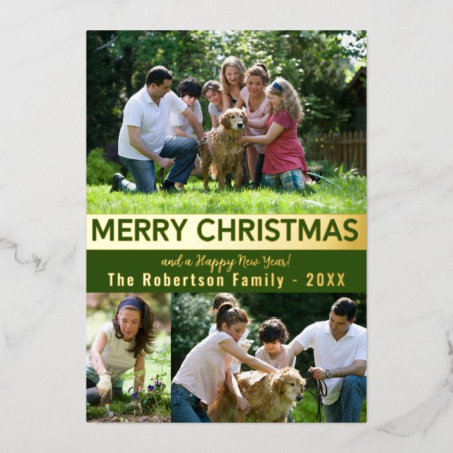 Green Gold  Merry Christmas Happy New Year Foil Holiday Card (Front)