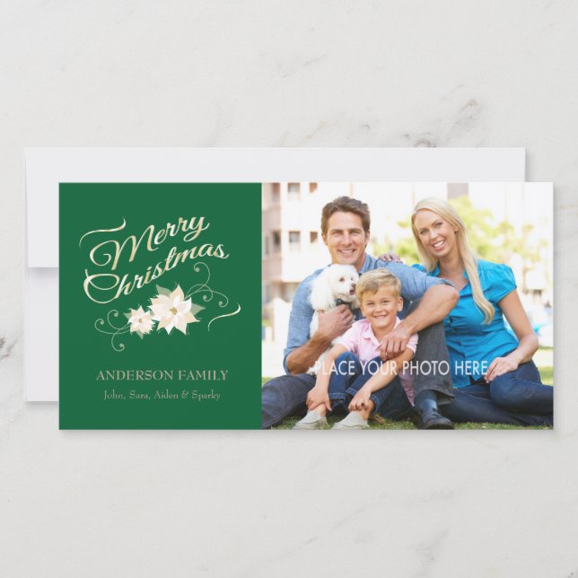 Green & Gold Merry Christmas & White Poinsettias Holiday Card (Front)