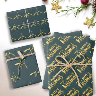 Green Gold Merry Mistletoe Wrapping Paper Sheets