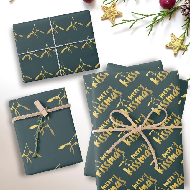 Green Gold Merry Mistletoe Wrapping Paper Sheets (A festive green and gold mistletoe Christmas wrapping paper sheet set just for you)