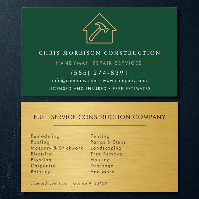 Green Gold Metal Handyman Construction Business Card (Creator Uploaded)