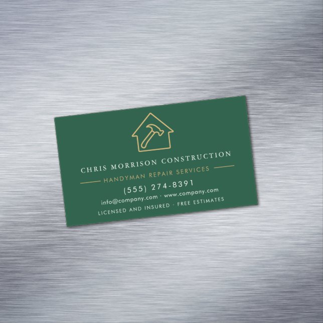 Green Gold Metal Handyman Construction Magnetic Business Card (In Situ)