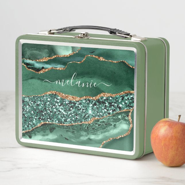 Green Gold Metal Lunch Box with Custom Name (In Situ)