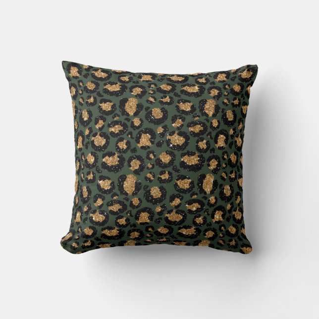 Green Gold Metallic Foil Glam Leopard Fur Spots Cushion (Front)