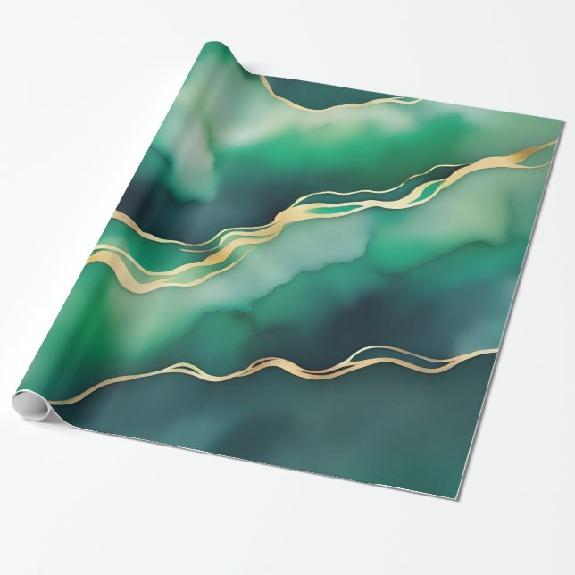 Green Gold Metallic Marble Stone Wrapping Paper (Unrolled)