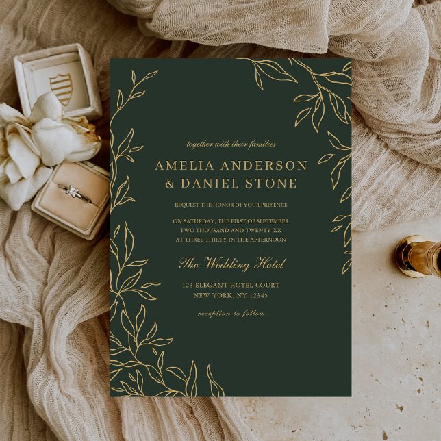 Green Gold Minimal Elegant Leaf Wedding  Invitation (Creator Uploaded)