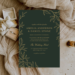 Green Gold Minimal Elegant Leaf Wedding Invitation